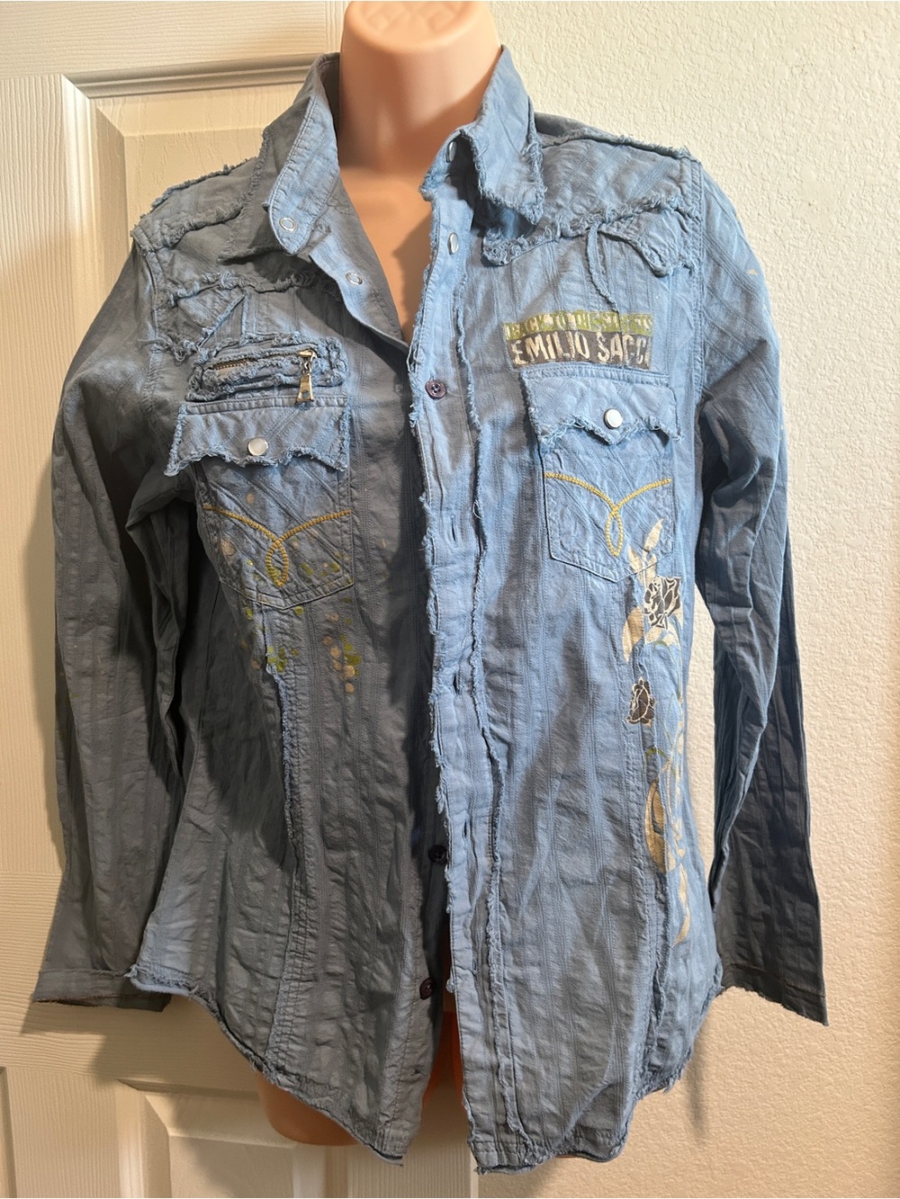 Light Blue Embroidered Button-Up Shirt - Emilio Sacci Patch